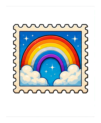 Colorful rainbow arch with clouds on a postage stamp-style sticker