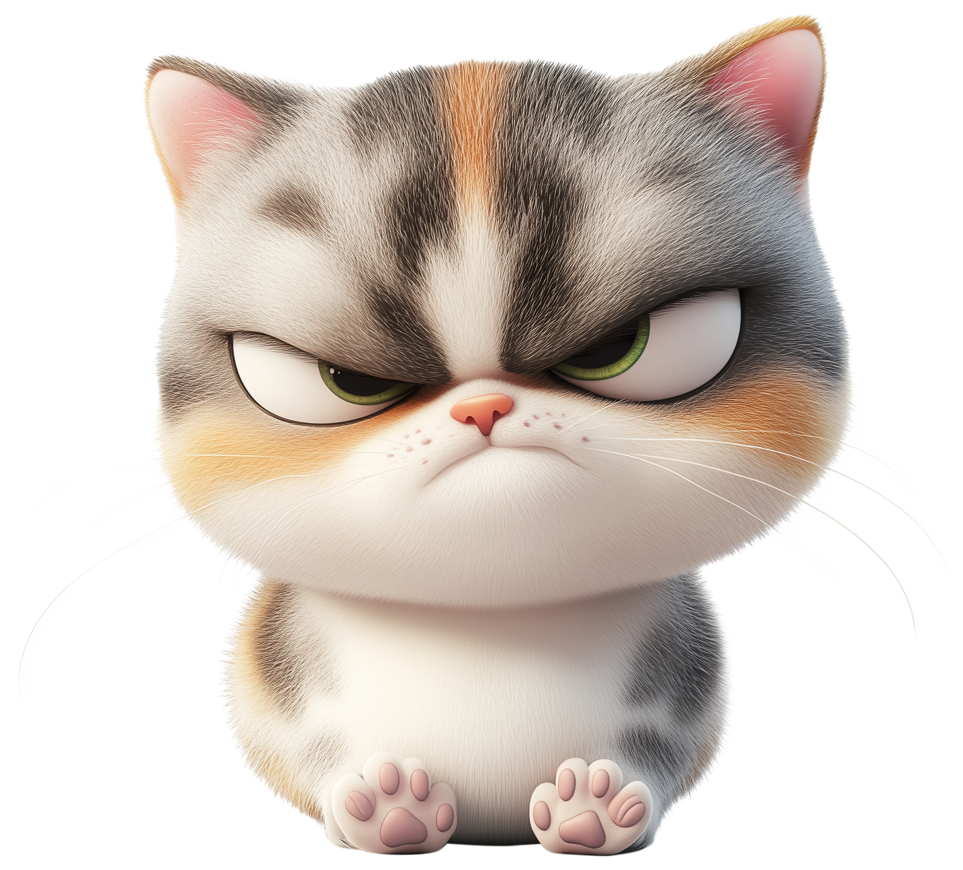 Cute grumpy 3D cat emoji sticker with white and brown fur