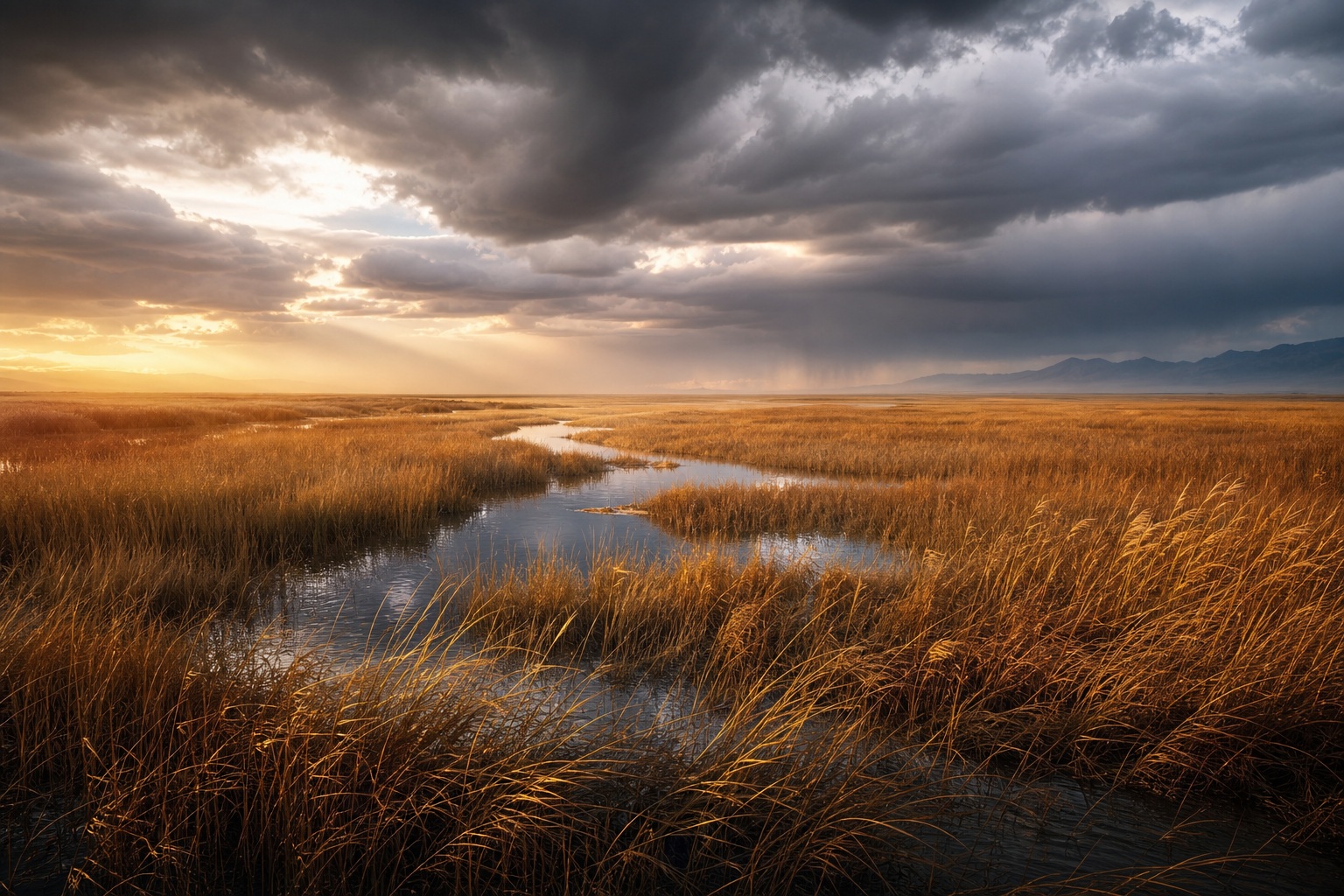 Golden marsh grass beside a misty wetland under dramatic storm clouds