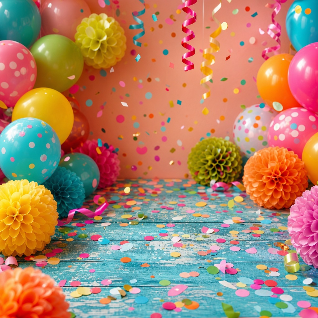 Colorful confetti-covered floor with balloons and paper pom-poms in a retro party scene