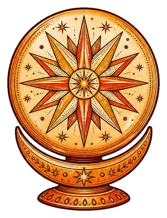 Orange zodiac crystal orb with starburst design and decorative base on a cream background