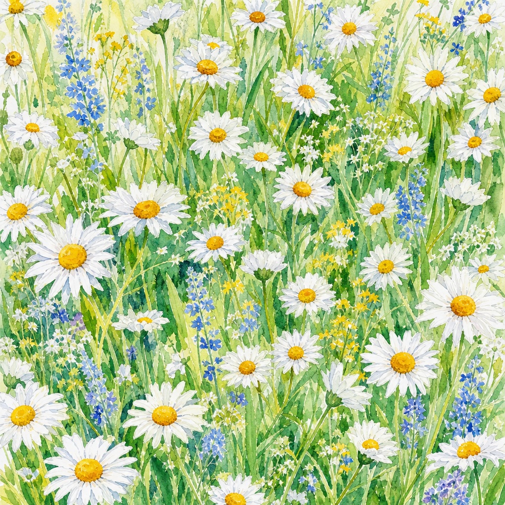 Square watercolor meadow with white daisies, blue blossoms, and green grass