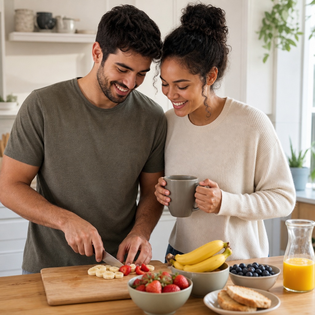 Smiling couple standing in a kitchen with fruit, toast, and drinks on the counter.