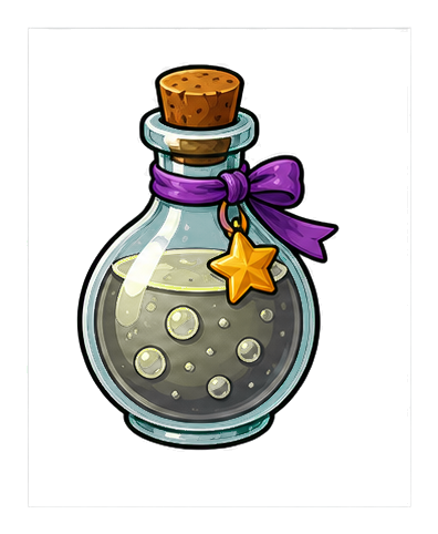 A glass potion bottle filled with green liquid, wrapped with a purple ribbon and star charm.