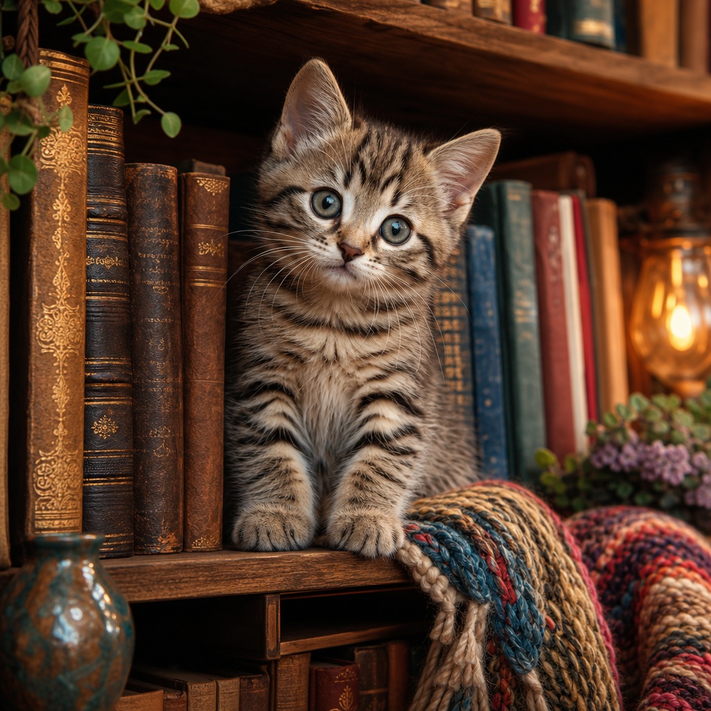 Tabby kitten sitting on a bookshelf beside books and a cozy woven blanket