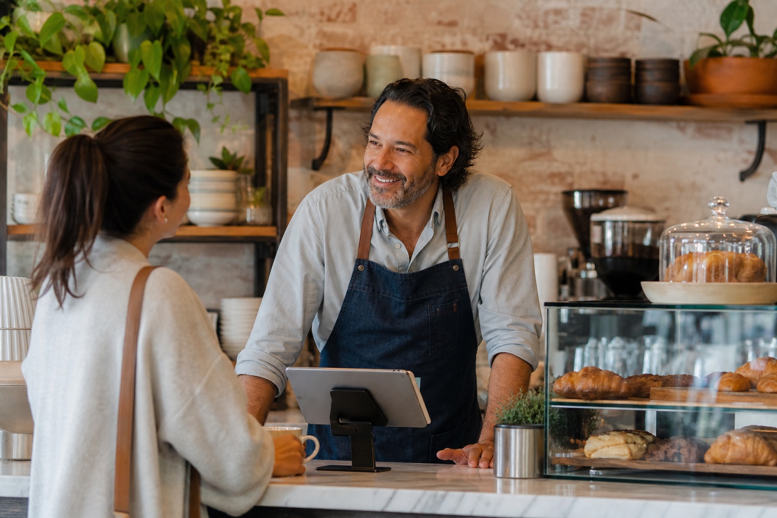 Cafe owner talking with a customer at the counter inside a small coffee shop.