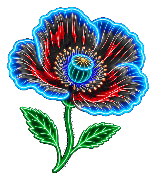 Glowing neon poppy flower with cyan outline, red petals, and green stem and leaves
