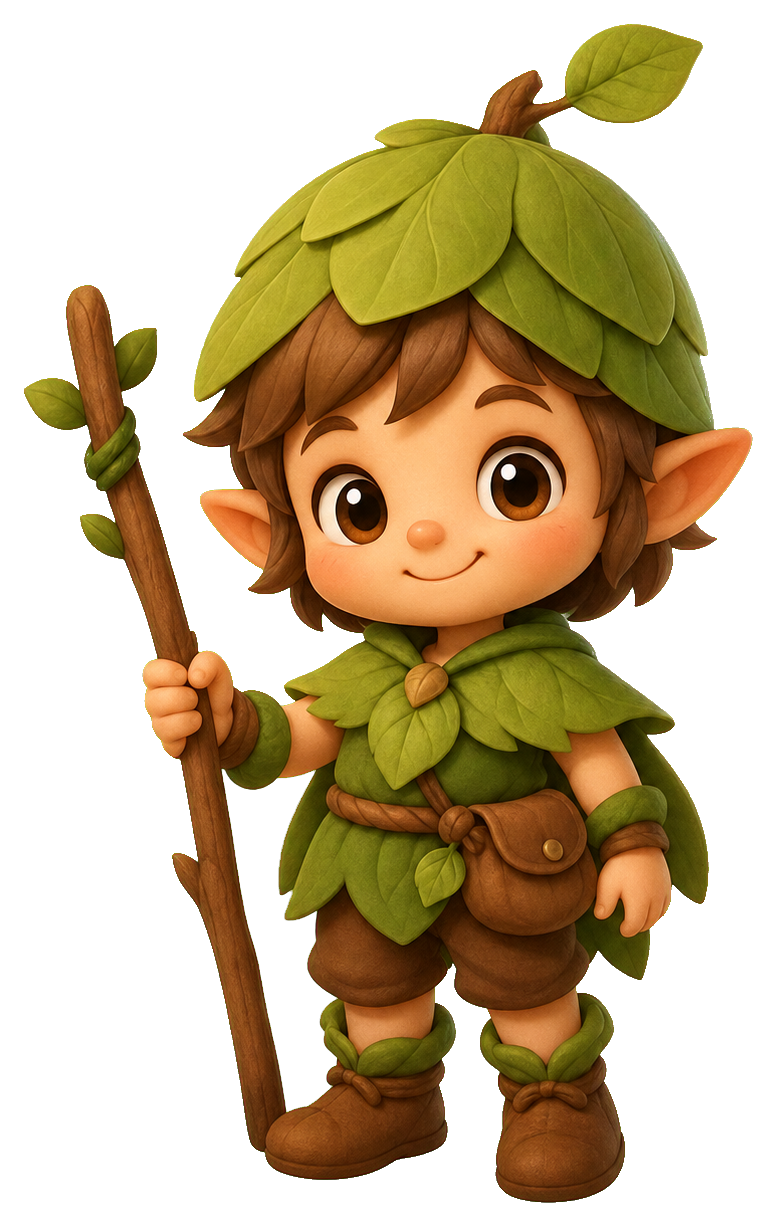 Cute forest helper character holding a staff and wearing leafy clothing.