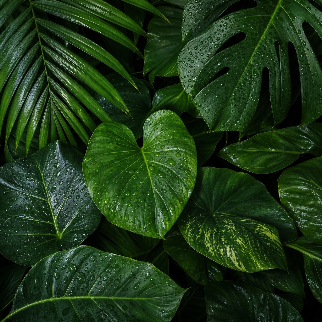 Close-up square background of green tropical leaves with sunlight and shadow patterns