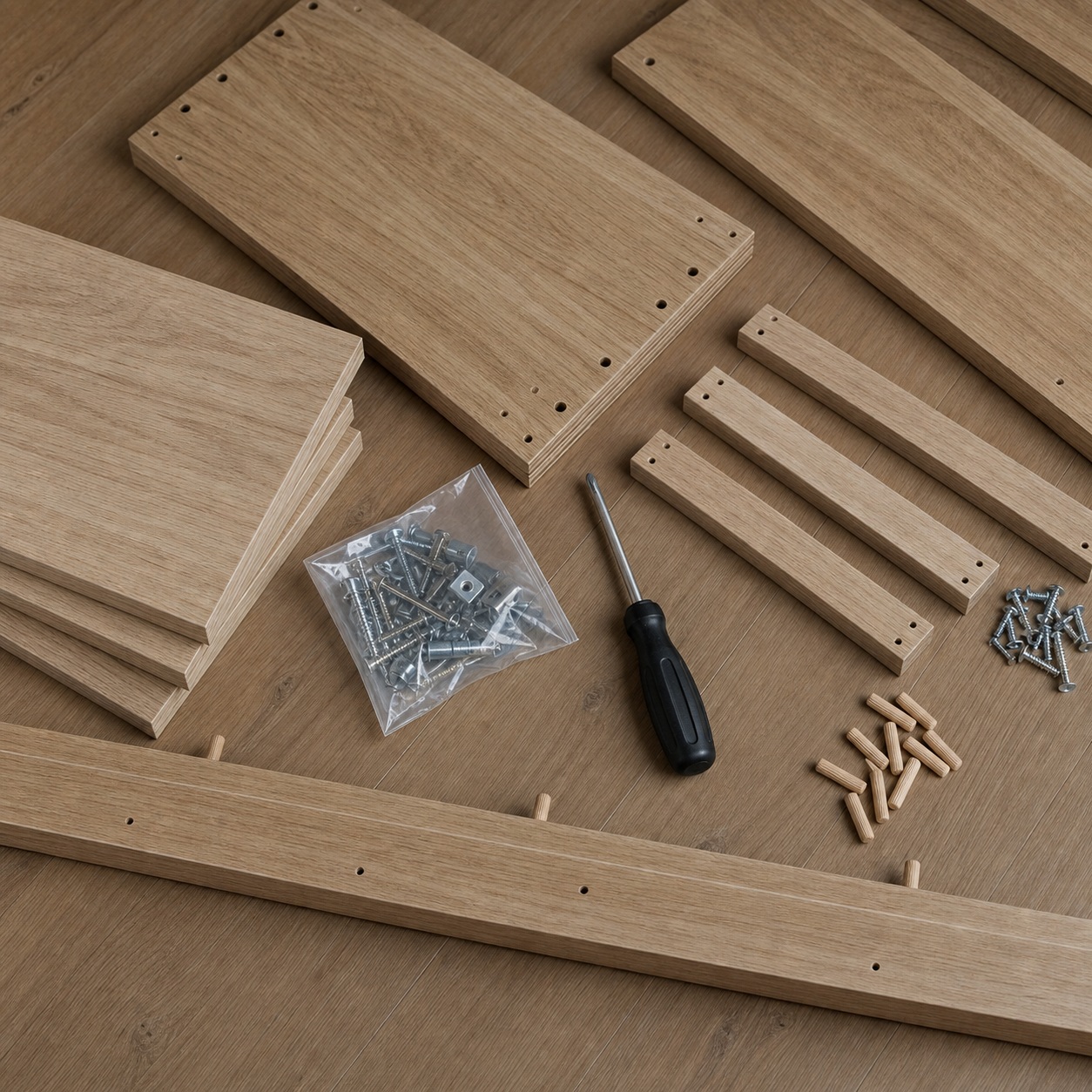 Wooden boards, dowels, screws, and a screwdriver arranged on a wood tabletop.