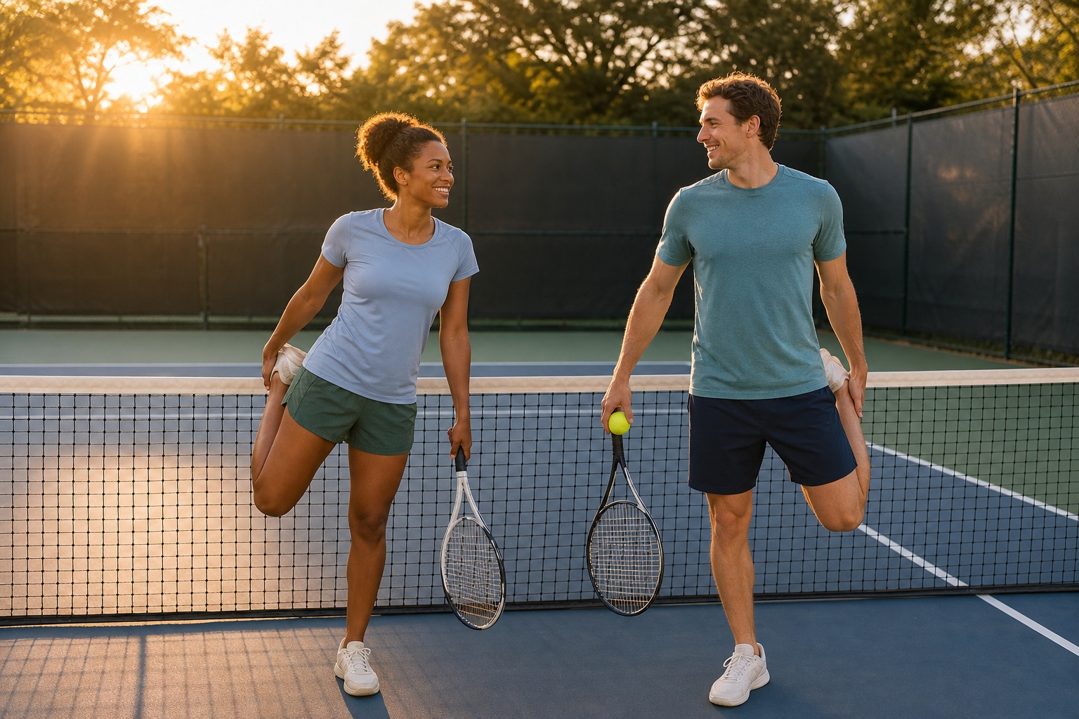 Two friends warming up on a tennis court at sunset with rackets in hand.