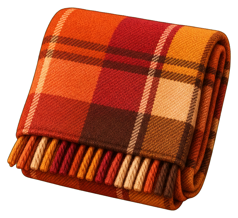 Folded orange plaid scarf with fringe in warm autumn colors