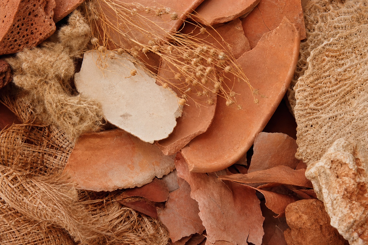 Terracotta-colored clay pieces and pale mineral fibers arranged in a textured still life.