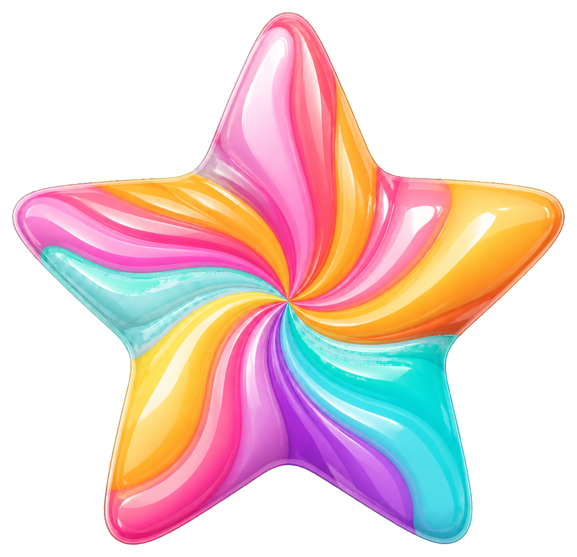 A colorful swirled candy star sticker with pink, yellow, blue, and orange tones