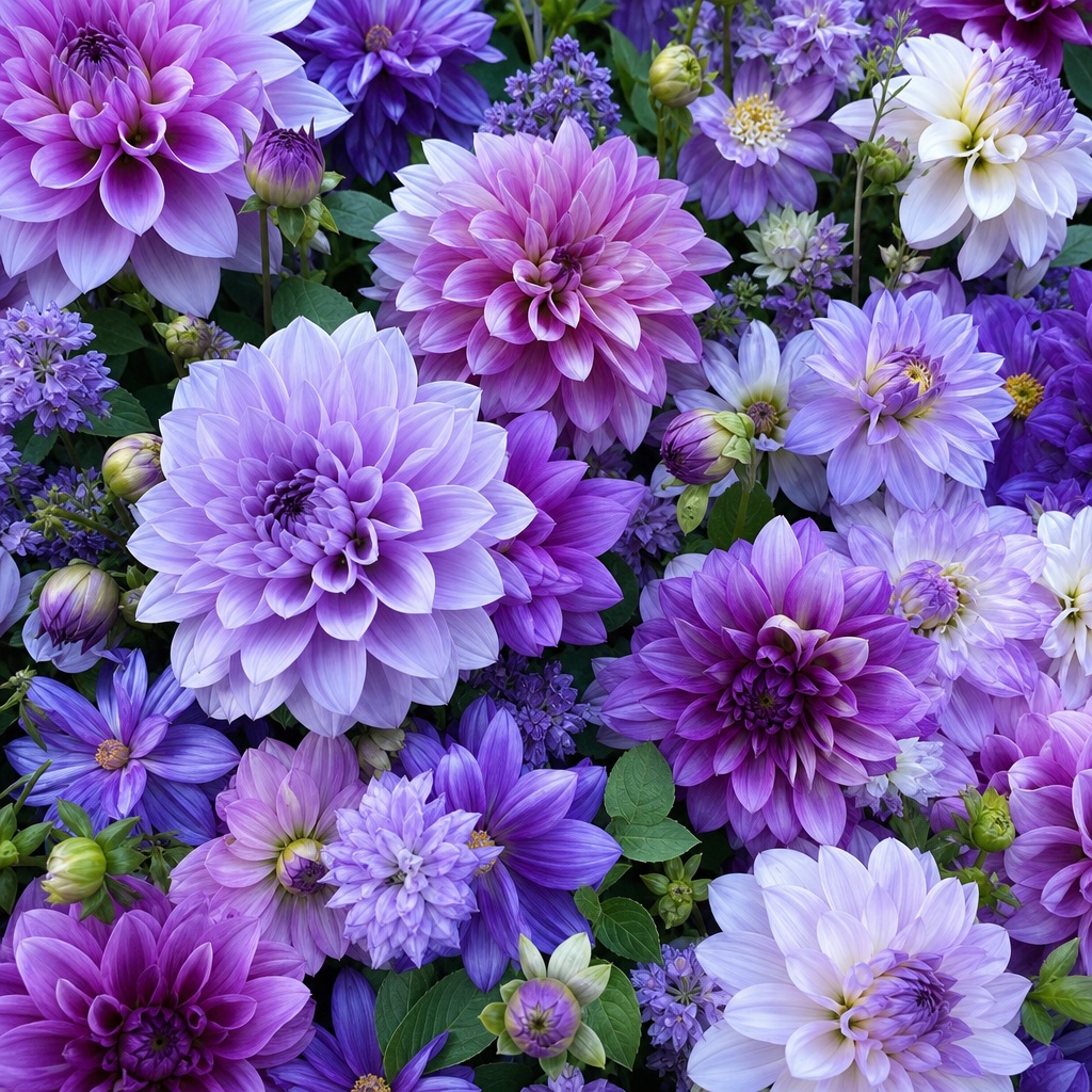 Dense cluster of purple and lavender flowers with layered petals and green foliage