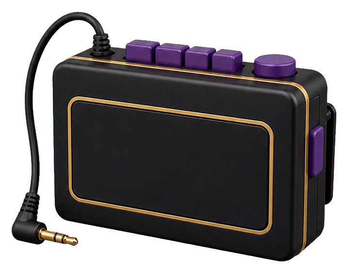 Black portable cassette player with purple buttons and a headphone plug