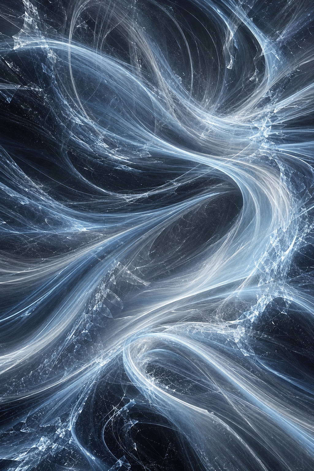 Abstract monochrome ice light trails with sweeping luminous filament ribbons