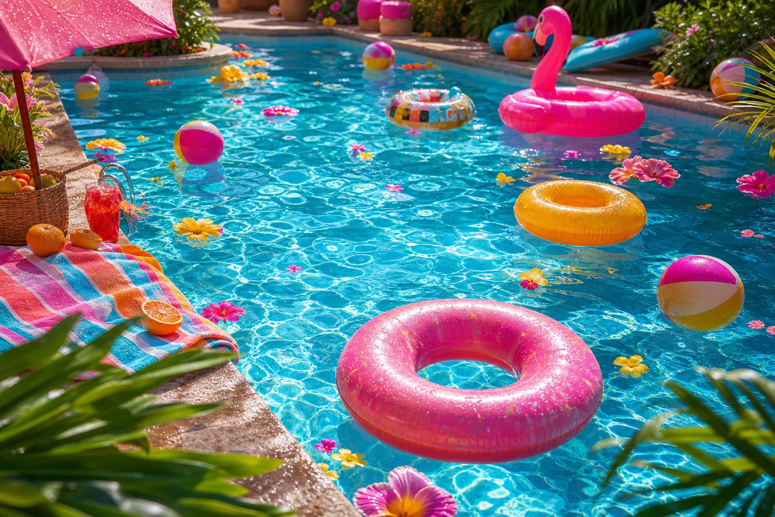 Bright tropical pool party scene with inflatable rings and colorful floats in a sunny pool