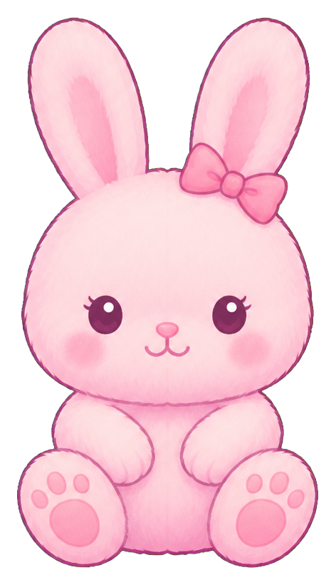 Cute blush pink bunny with long ears, a bow, and rosy cheeks sitting front-facing.