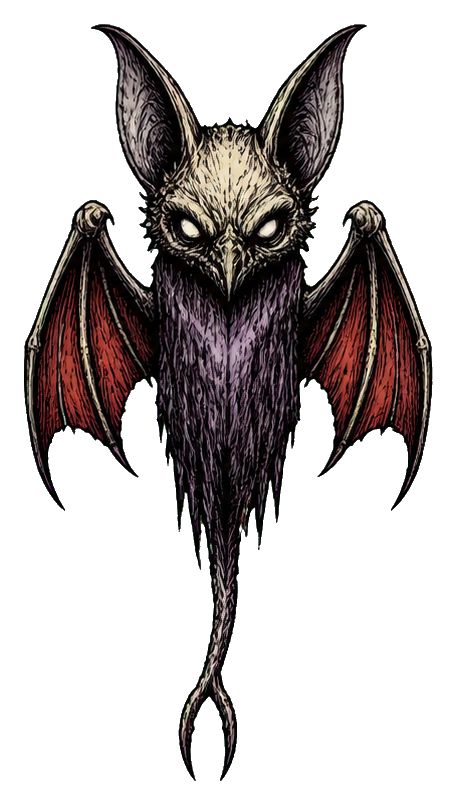 Dark bat-like monster with glowing eyes, long tail, and red webbed wings
