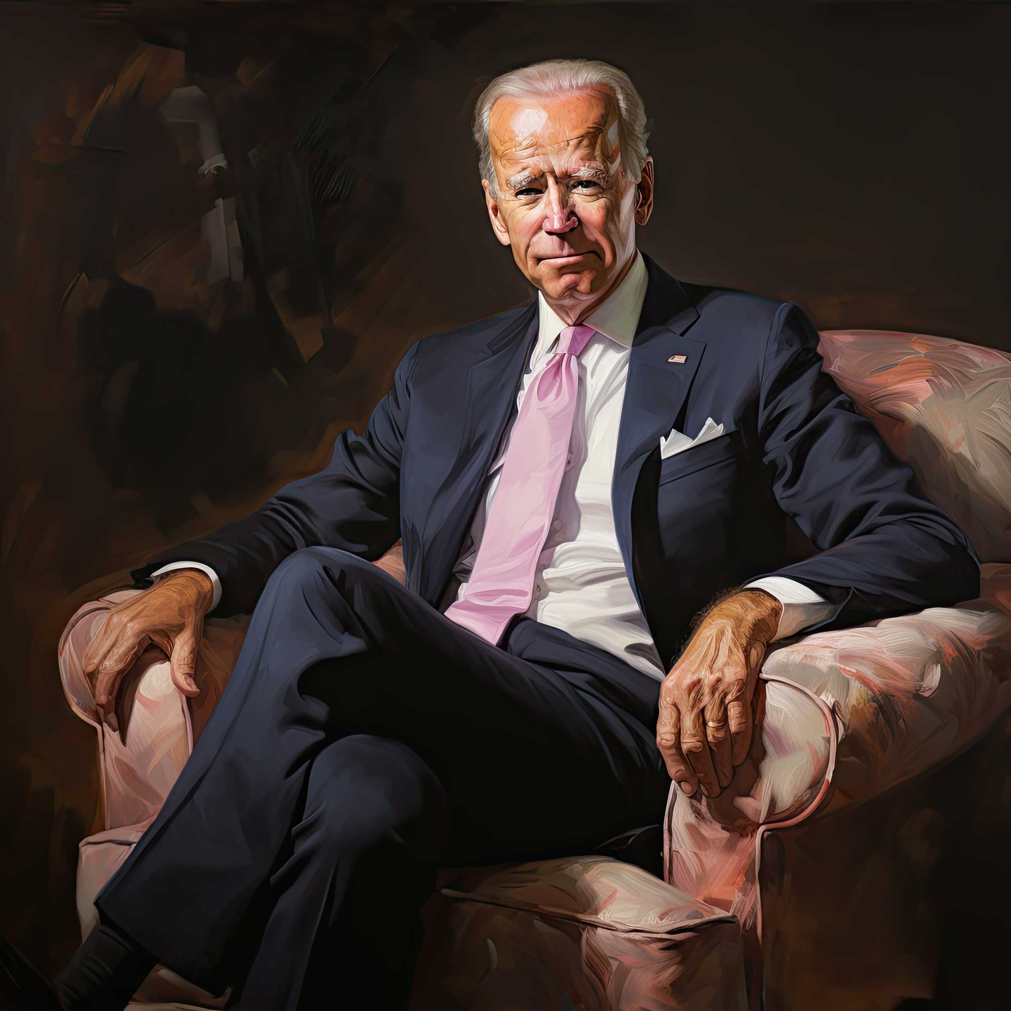 Portrait of Joe Biden seated in a dark suit and pink tie on an armchair.