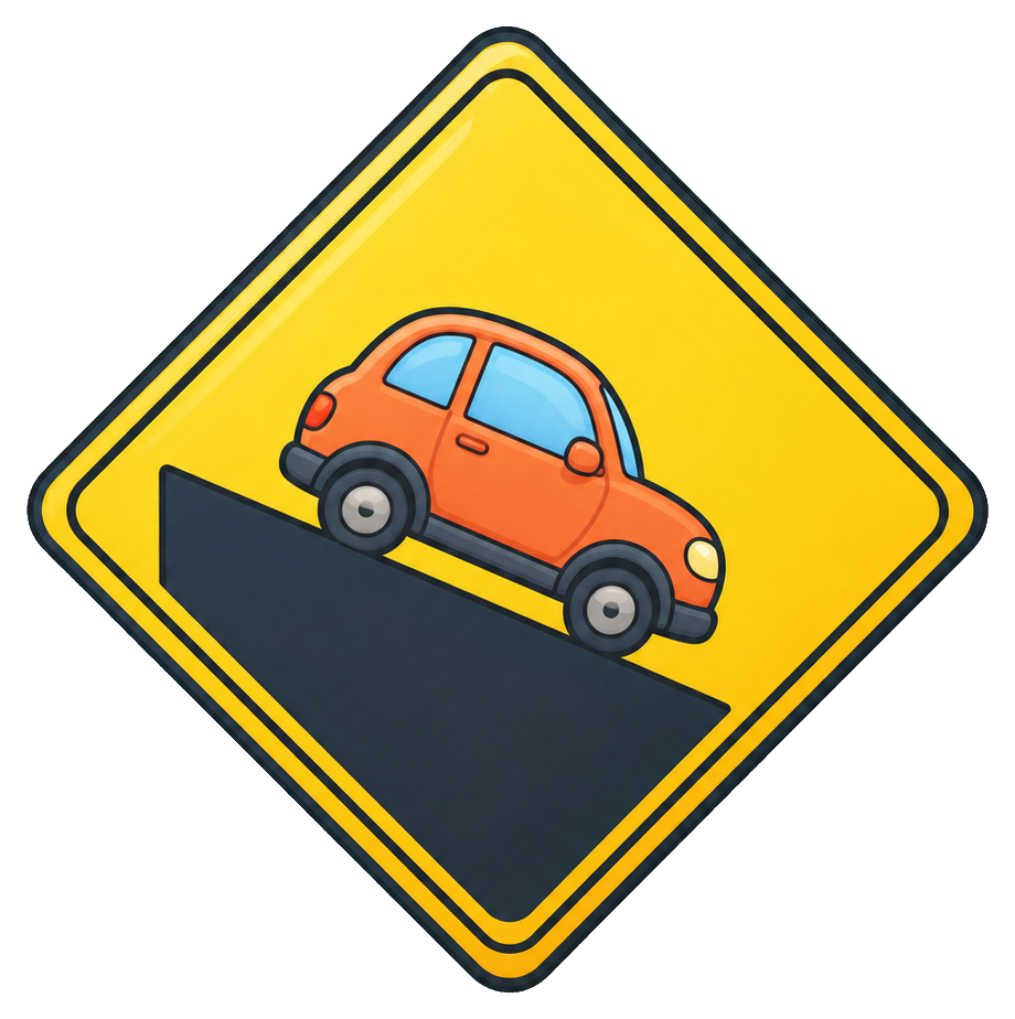 Yellow steep hill warning sign with an orange car driving uphill