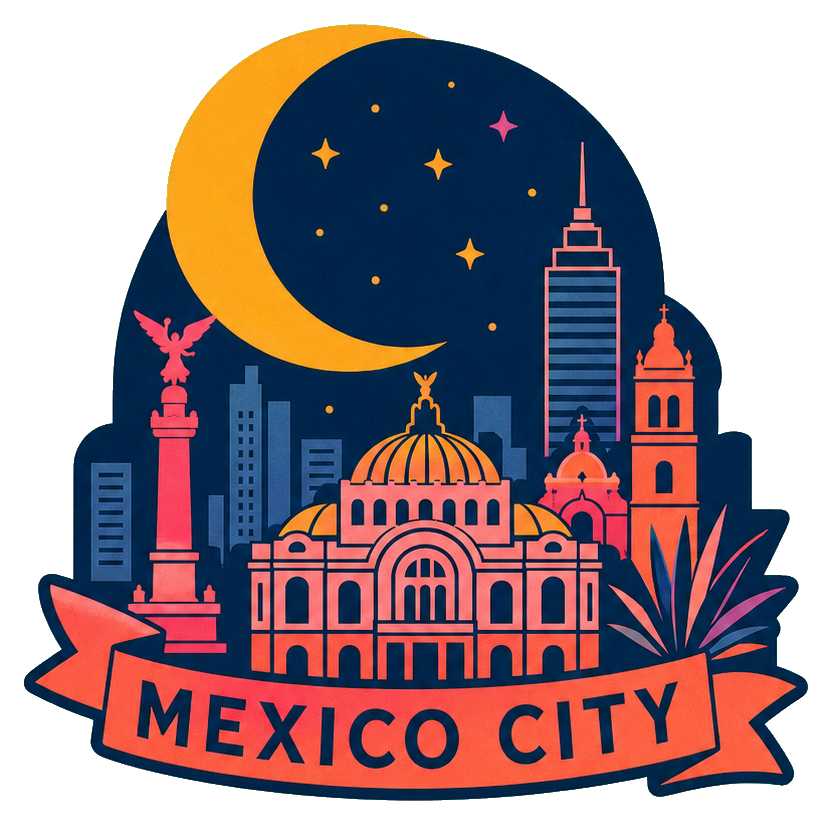 Illustrated Mexico City word art with a crescent moon and skyline