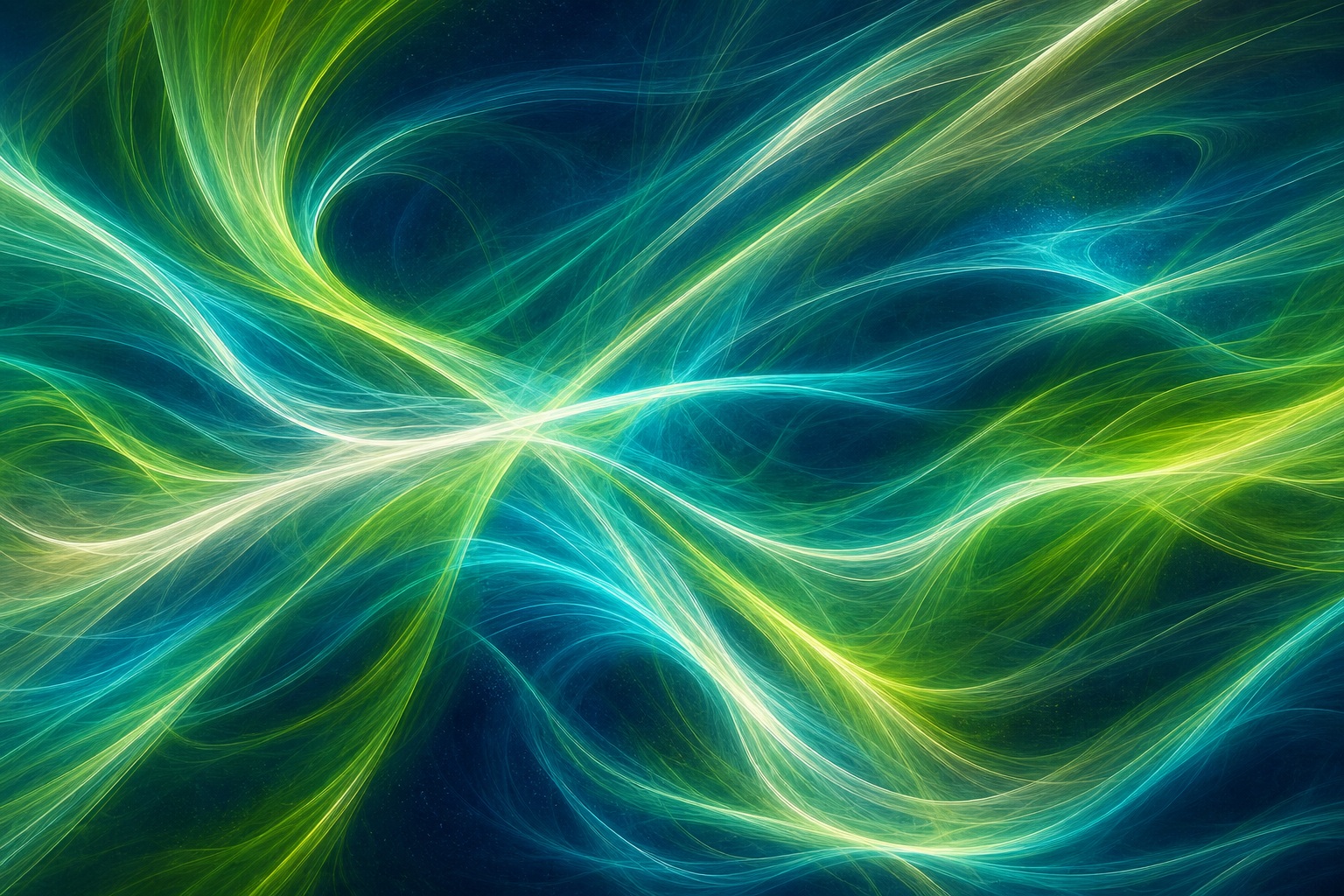 Teal and lime flowing light ribbons crossing over a dark abstract background.