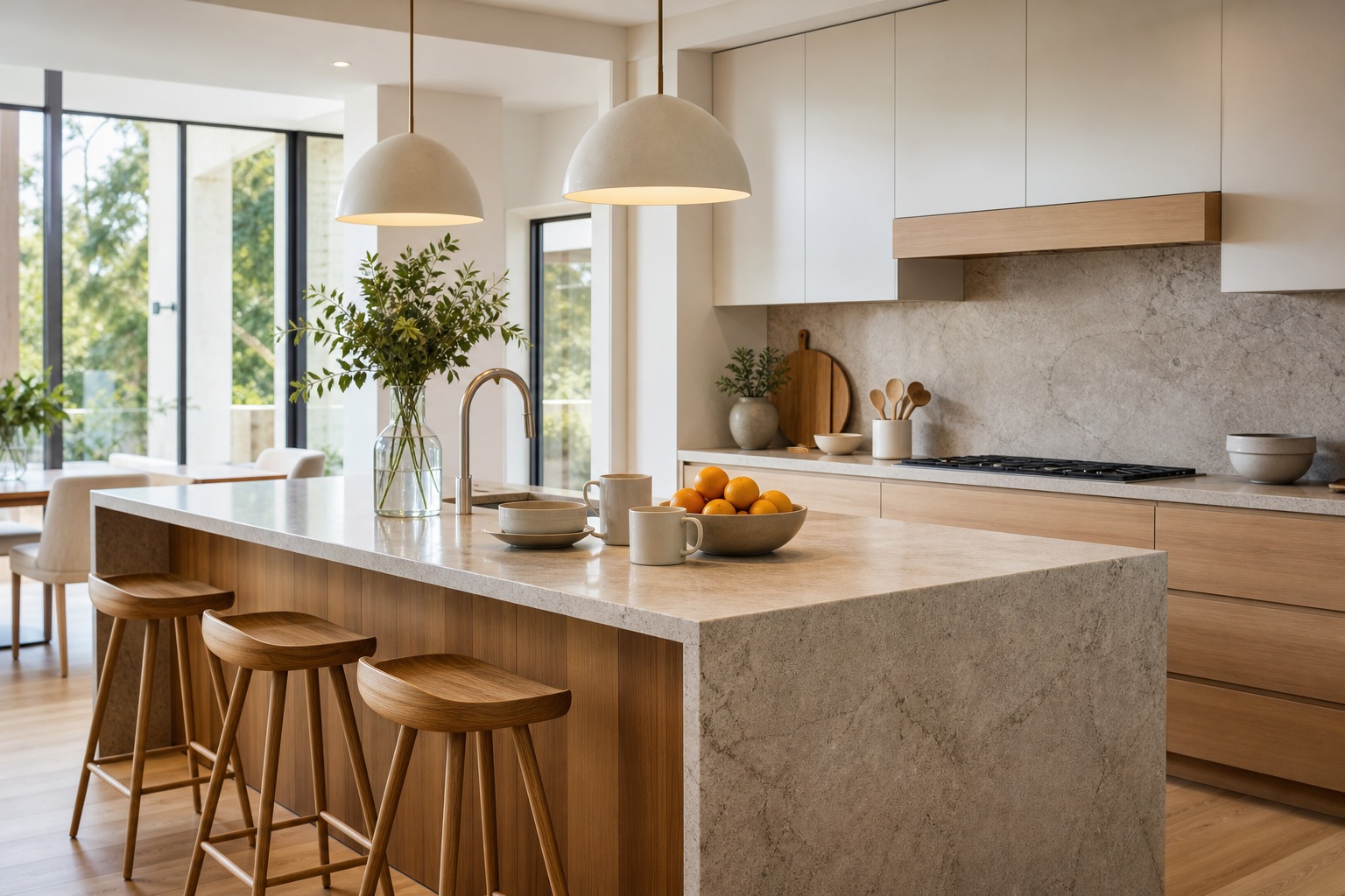 Bright modern kitchen with island, bar stools, pendant lights, and natural light