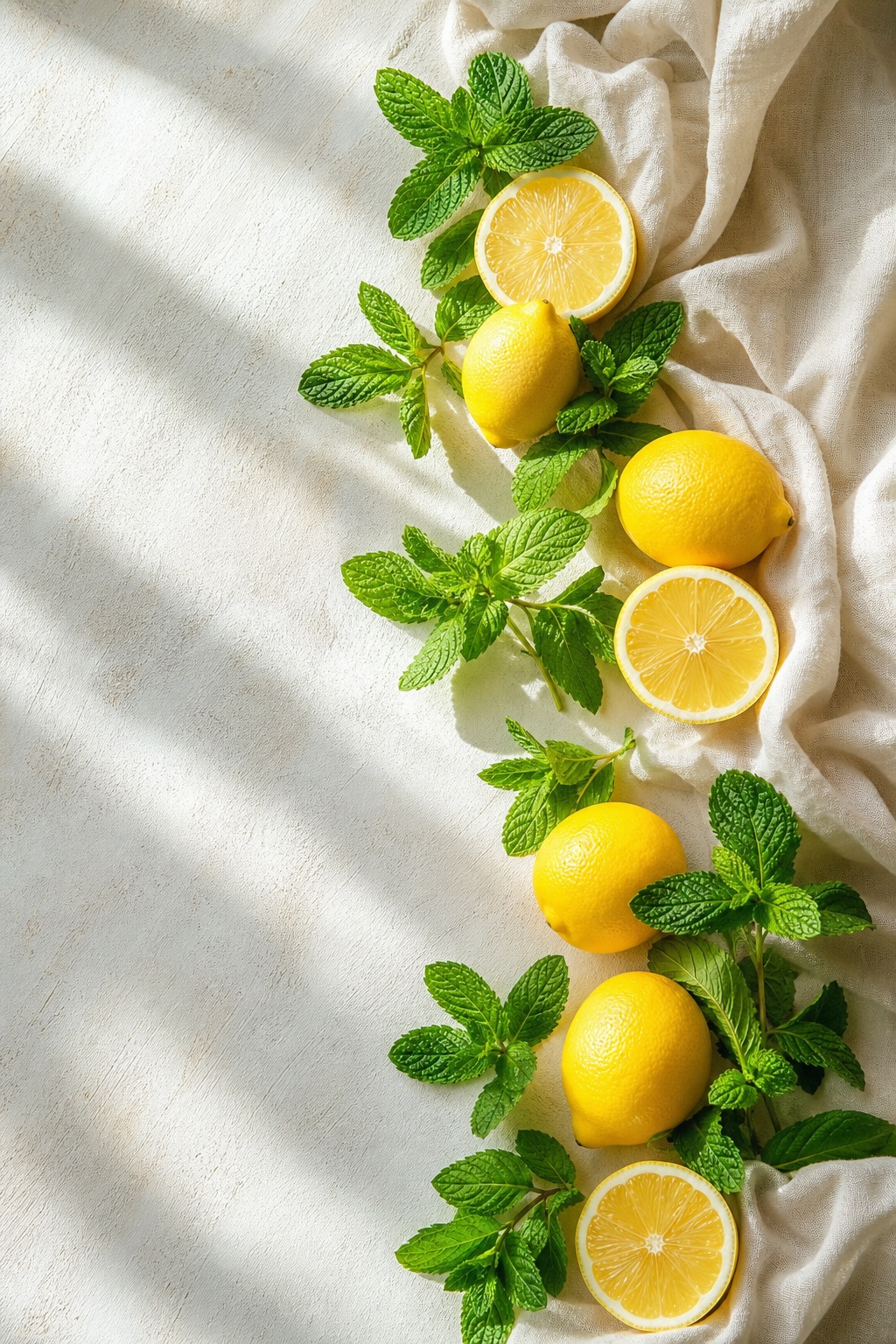 Vertical flatlay of lemons, mint sprigs, and cloth on a light background