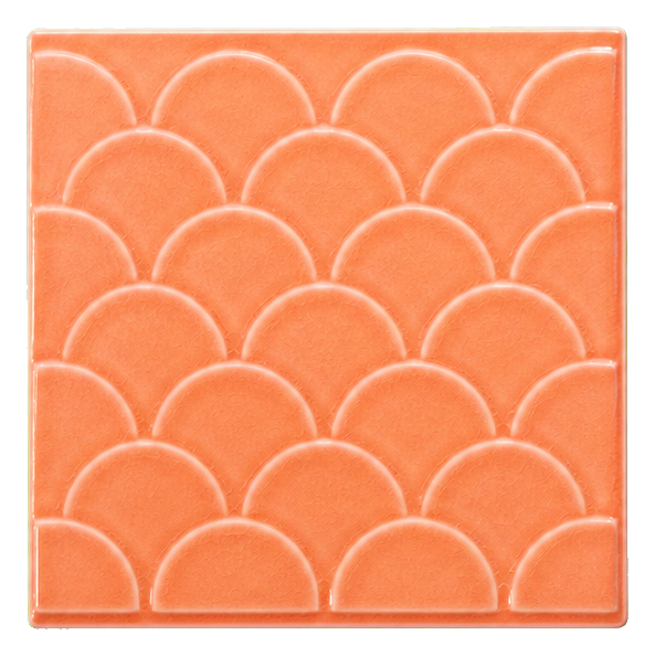 Square apricot ceramic tile with embossed scallop pattern