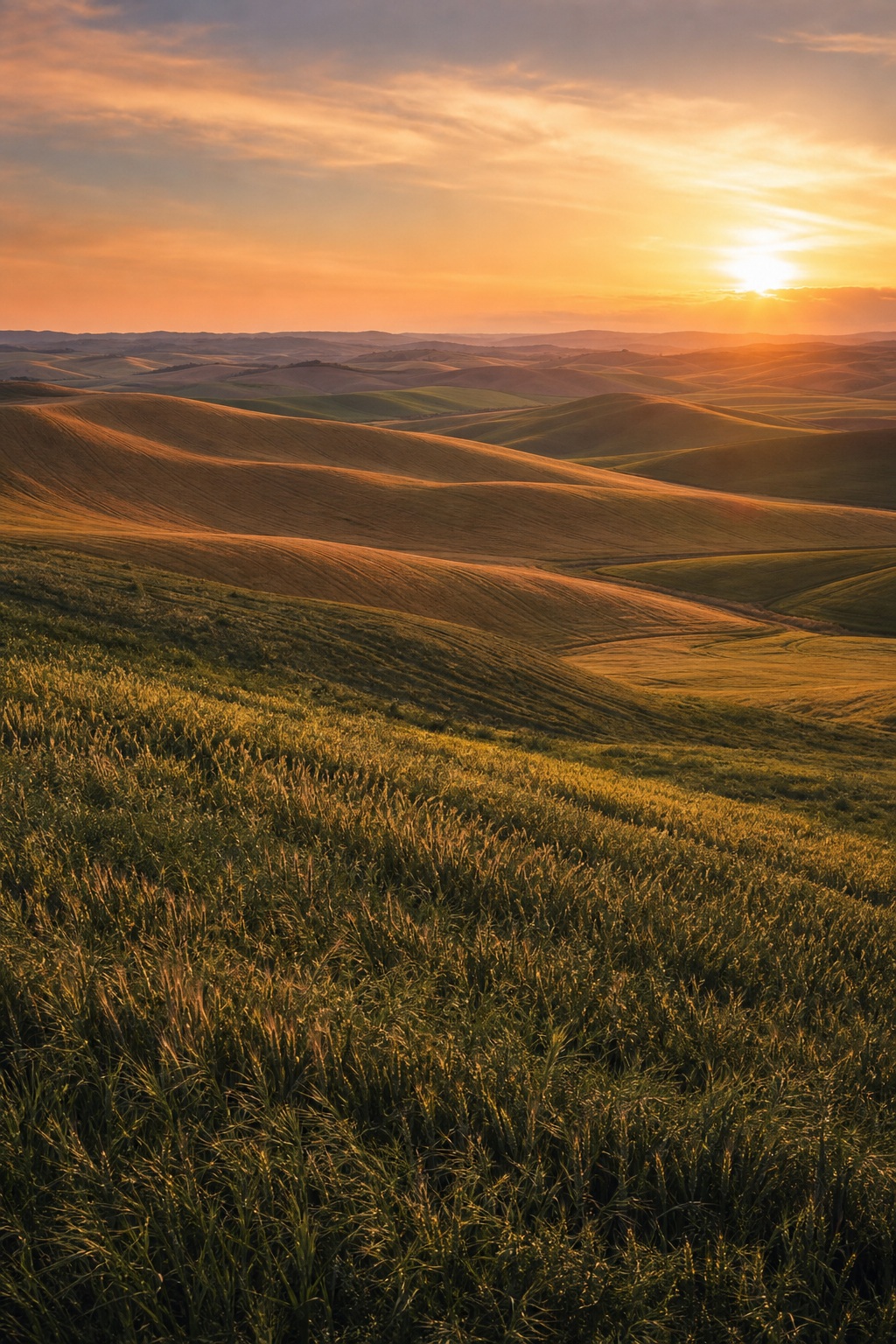 Golden sunset over rolling farm hills with tall grass in the foreground