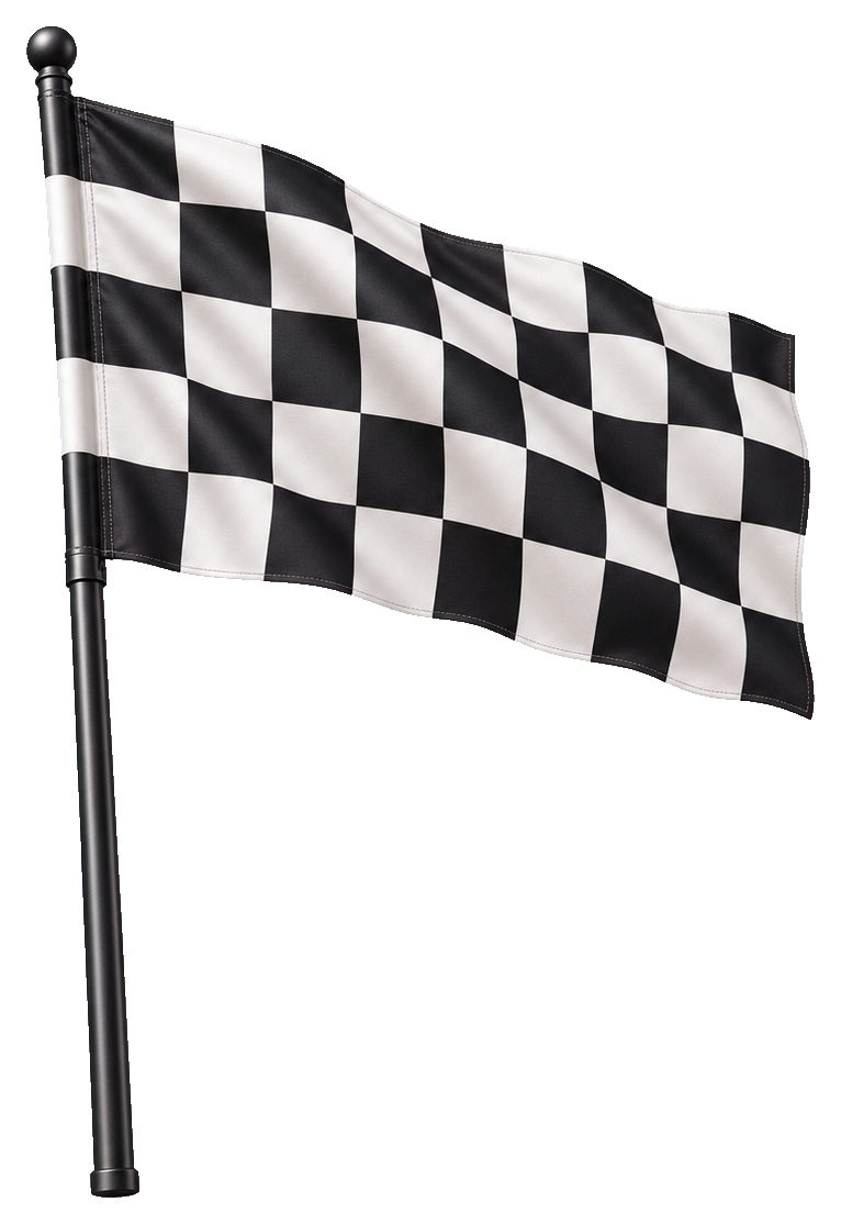 Black-and-white checkered finish flag on a pole, waving to the right.
