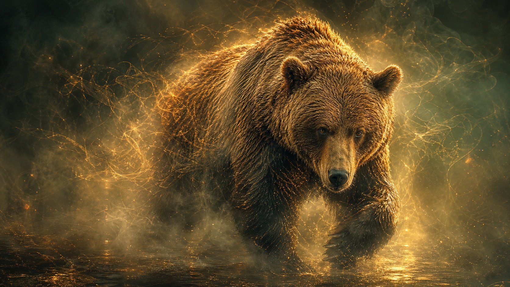 A brown bear standing in swirling golden fog with a glowing dramatic light effect.