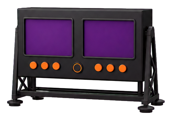 Blank purple basketball scoreboard with orange buttons on a dark frame.