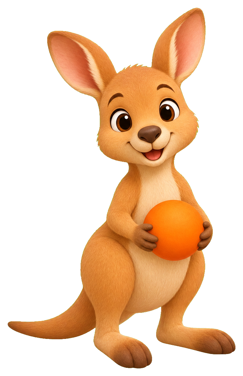 Cartoon kangaroo holding an orange ball and smiling