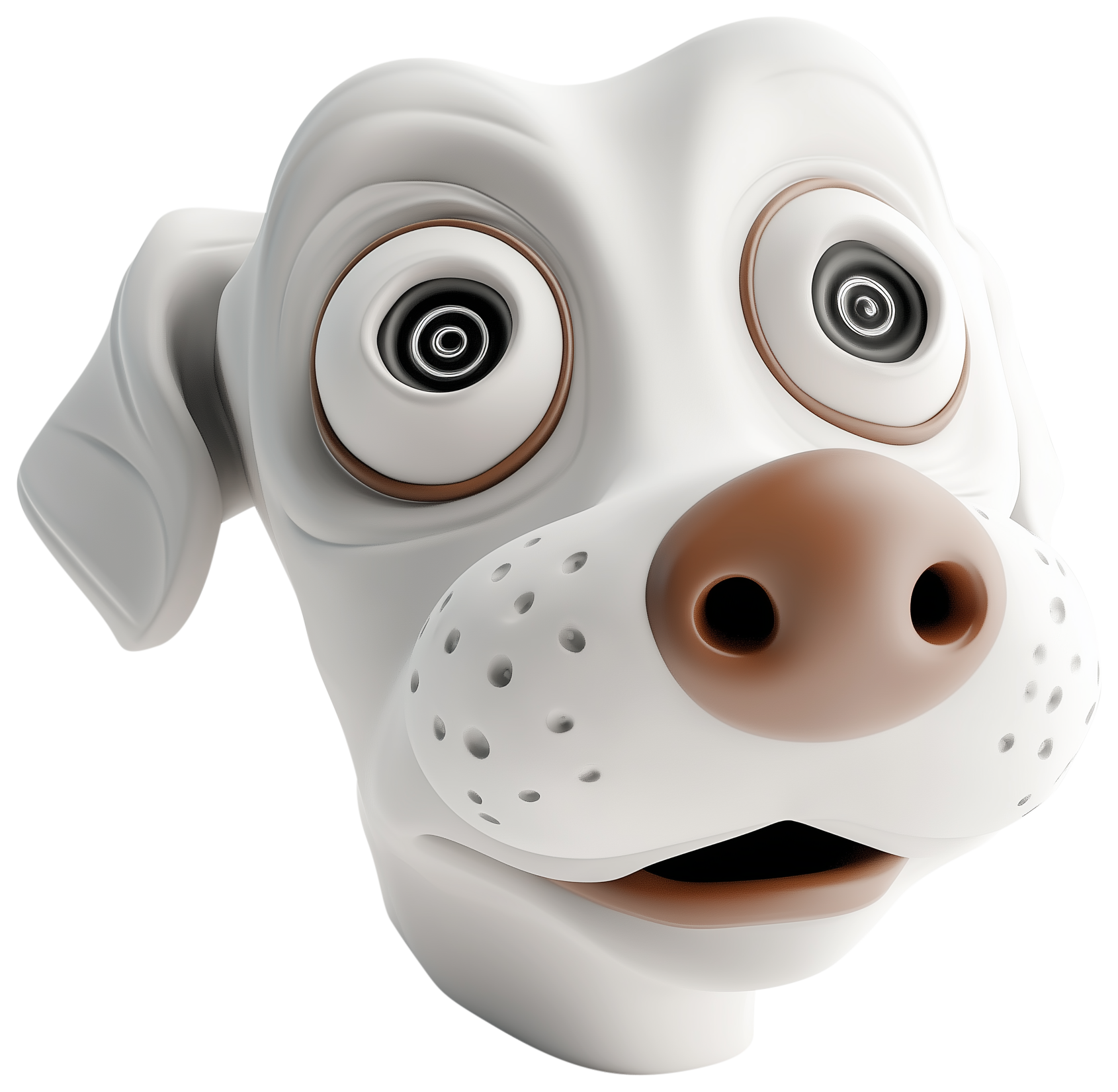 3D cute dog emoji with big eyes and a small nose on a white background
