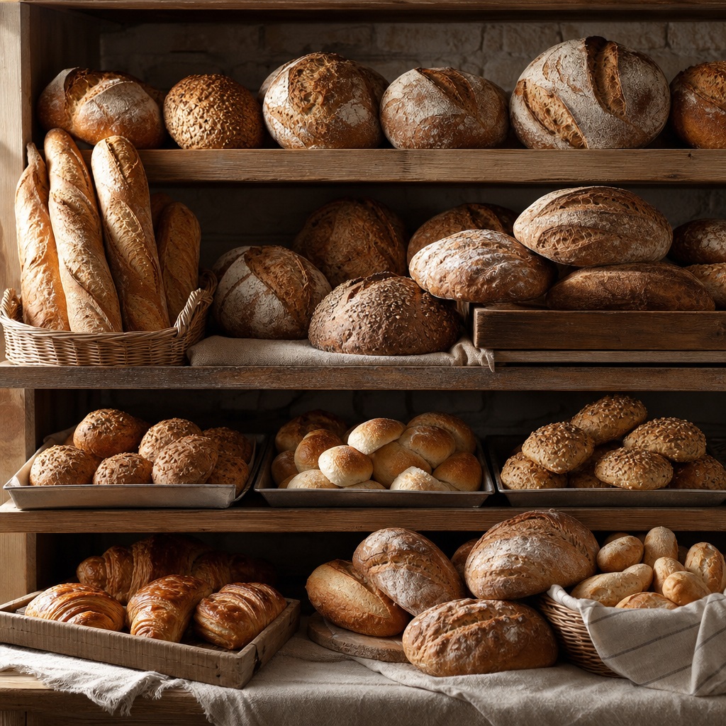 Mixed loaves and pastries arranged on rustic wooden bakery shelves.