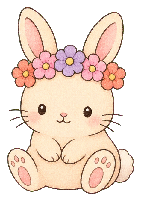 Cute kawaii rabbit sitting with a colorful flower crown on its head