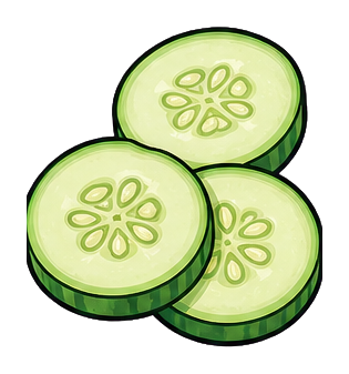 Three illustrated cucumber slices stacked with green edges and pale centers.