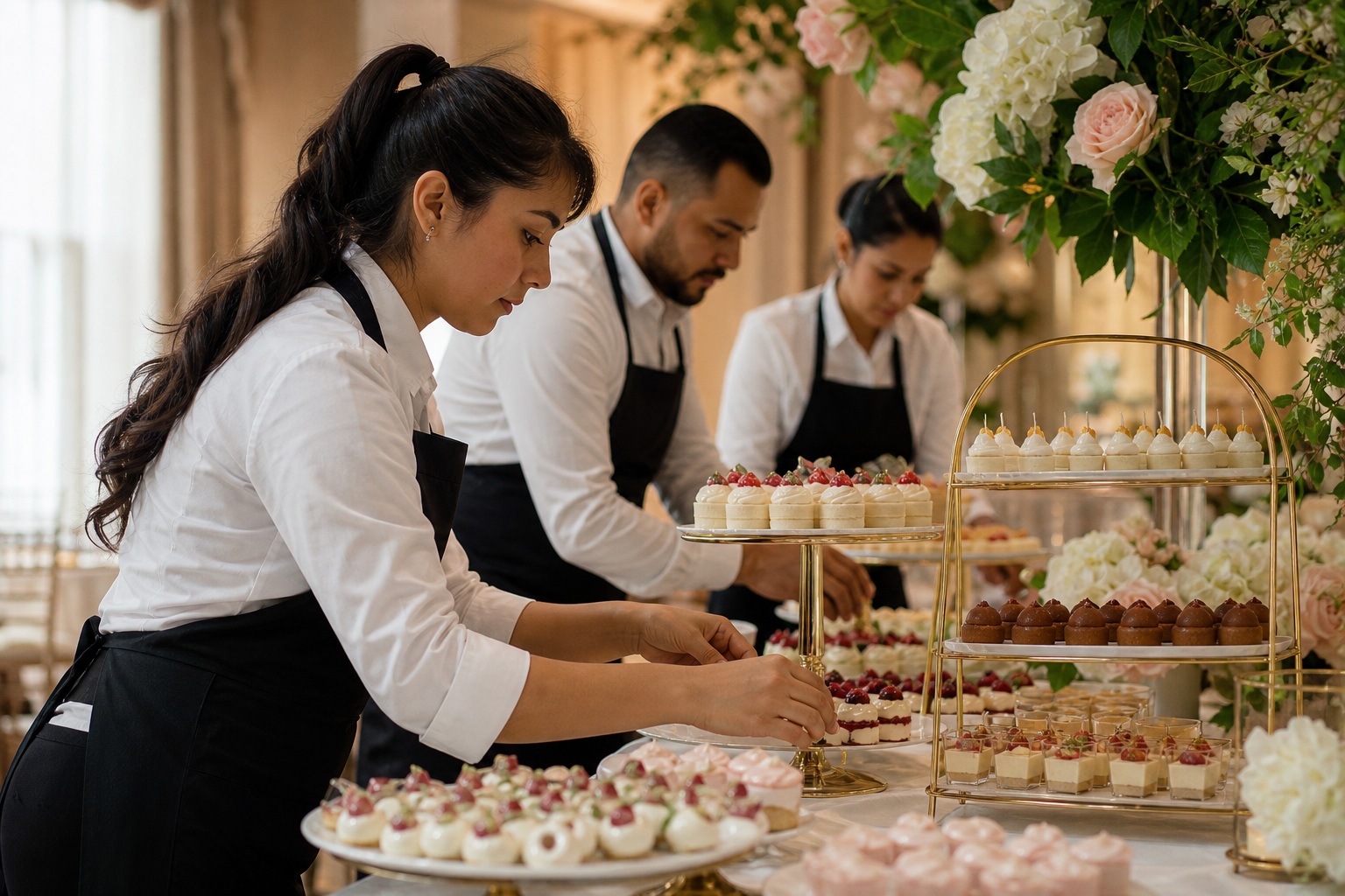 Catering staff arranging desserts on tiered stands at a wedding reception table