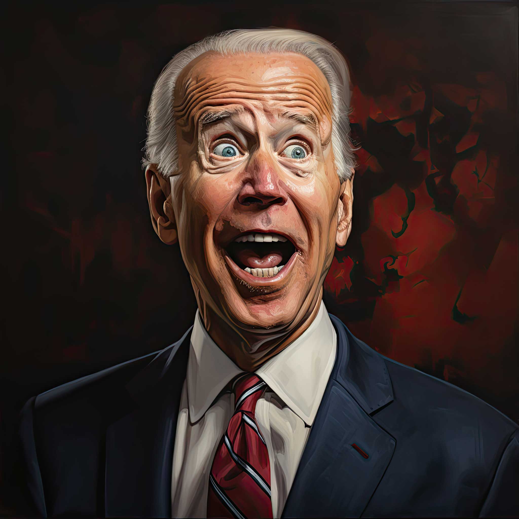 Stylized portrait of Joe Biden with a shocked, open-mouthed expression against a dark red background.