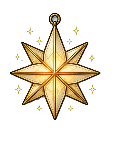 Glowing golden star ornament with small sparkles on a black background.