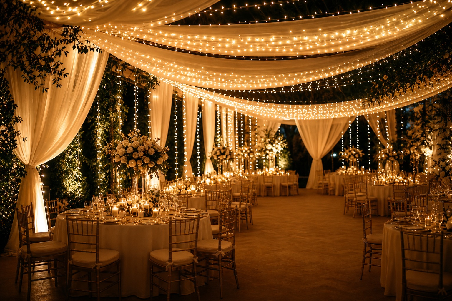 Elegant wedding reception hall with warm hanging lights and draped decor