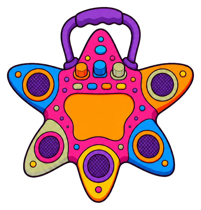 Colorful starfish-shaped boombox with speakers and bright patterned details