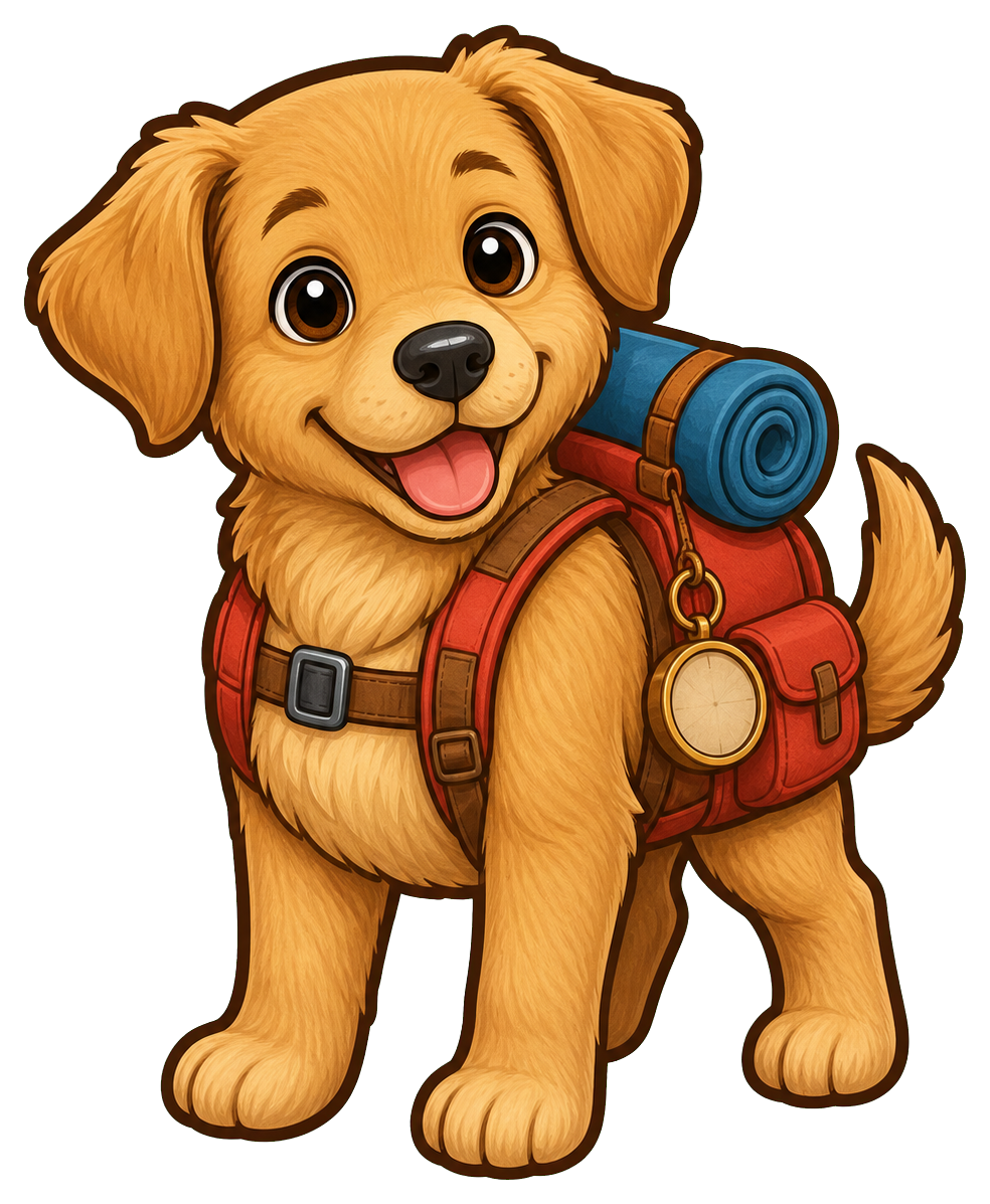 A smiling cartoon dog wearing a backpack with a rolled sleeping mat