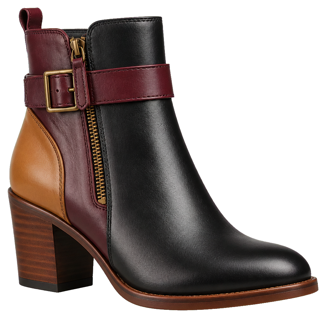 Black and brown ankle boot with buckle and zipper detail