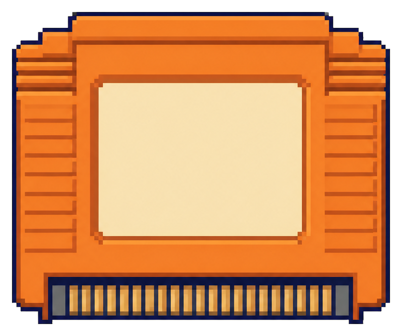 Orange pixel art game cartridge with a blank label area