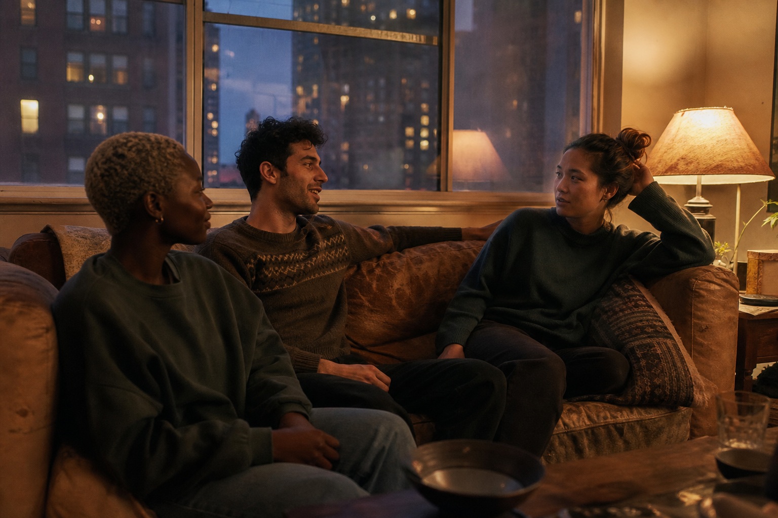 Three people sitting on a couch in a warmly lit apartment living room by a window