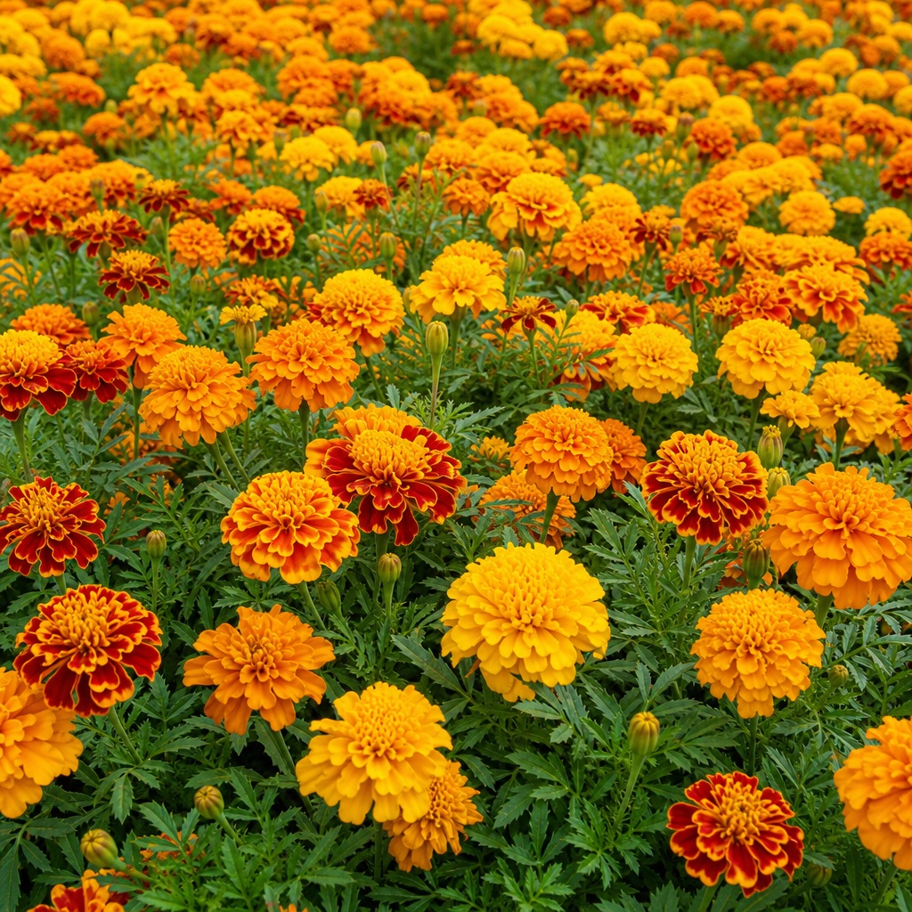 Dense marigold blooms in orange and yellow filling a garden background